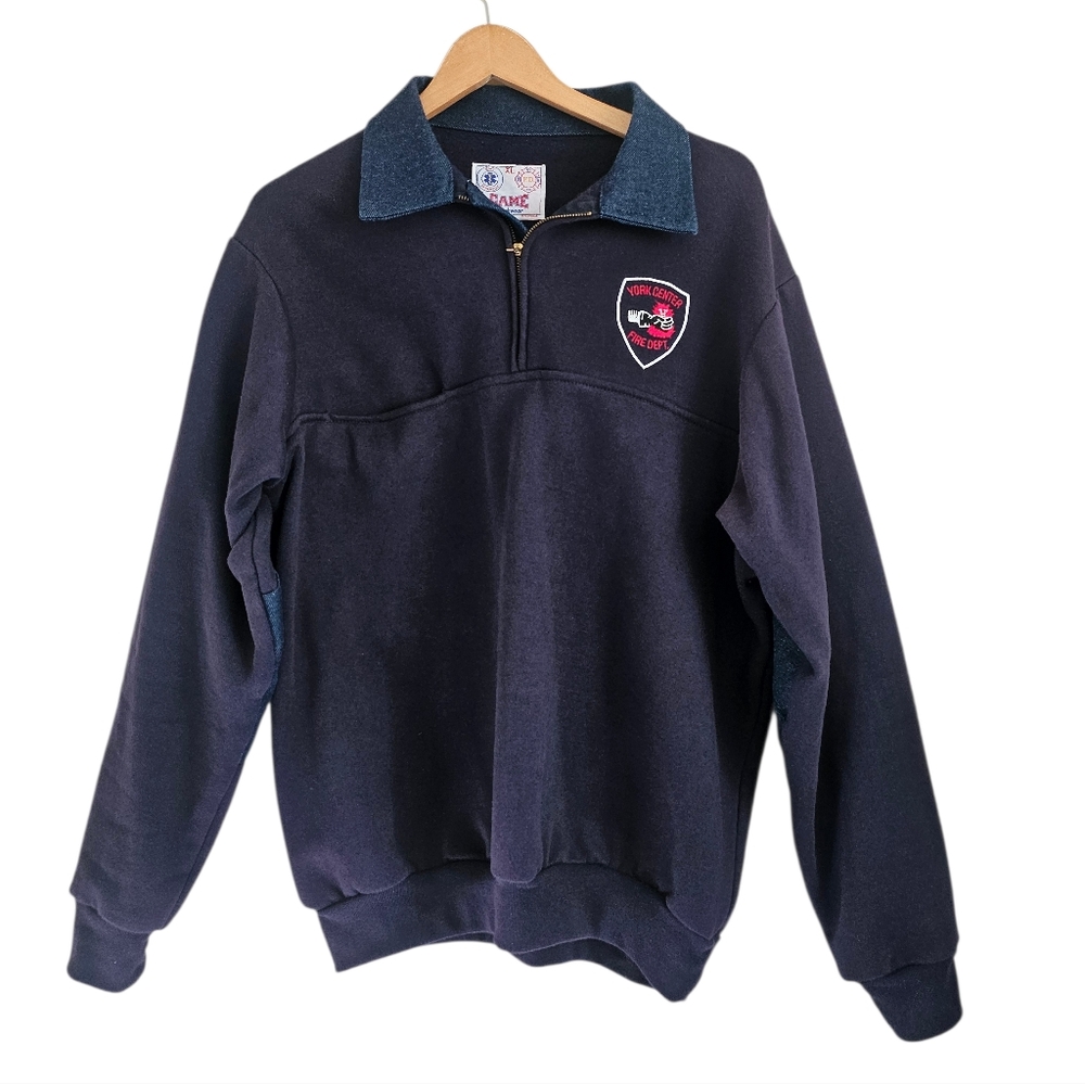 Game Workwear Mens York Center Fire Dept Navy Blue Denim Collar Sweatshirt, XL
